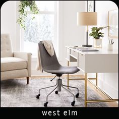 an office chair sits in front of a desk with a potted plant on it