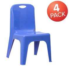 a blue plastic chair with four packs of 4