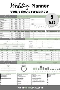 wedding planner spreadsheet for google sheets and tabs with text overlaying the image