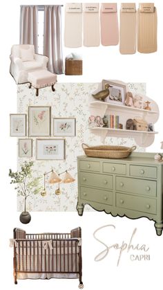 a baby's room with furniture and wallpaper in shades of pink, green, beige