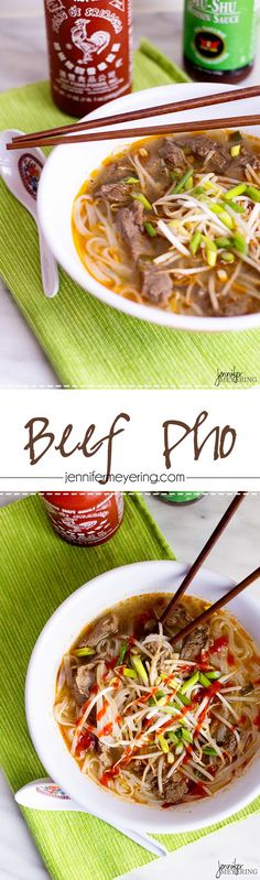 beef pho with noodles and vegetables in a white bowl on a green place mat