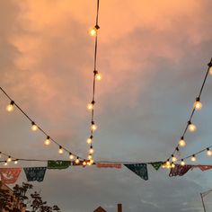 string lights strung from the ceiling in front of a cloudy sky