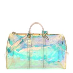 This is an authentic LOUIS VUITTON PVC Monogram Keepall Bandouliere 50 in Iridescent Prism. This transparent embossed monogram PVC duffel is the highly coveted limited collection piece from acclaimed menswear artistic director Virgil Abloh. Its eye-catching iridescent prism color effect is also featured on the transparent PVC top handles and matte white hardware. The top zipper opens to a spacious unlined main compartment. White Hardware, Louis Vuitton Keepall, Virgil Abloh, Color Effect, Pocket Book, Prism Color, Authentic Louis Vuitton, 50 %, Handles