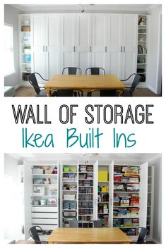 two pictures with the words wall of storage ikea built ins