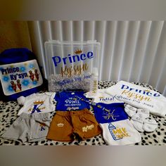 Personalized Medium Prince Baby Boy Bundle 3 Onesies 2 Pair Of Pants Or Shorts 2 Pair Of Socks 2 Bibs 1 Pacifier Clip 1 Baby Blanket 1 Baby Bag 1 Baby Box Great For A Baby Shower Gift Push Gifts, Baby Announcement Shirts, Boy Boy, Godparent Gifts, Baby Box, God Parents, Pacifier Clip, Boy Mom