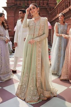 Elegant Mint Green Embroidered Pakistani Wedding Wear Pishwas Frock is a harmonious fusion of hand-embellished and embroidered work details on chiffon pishwas. Golden Lace, Pakistani Wedding Outfits, Pakistani Wedding Dress, Chiffon Collection, Pakistani Wedding Dresses, Silk Trousers, Pakistani Wedding, Chiffon Shirt, Best Wear