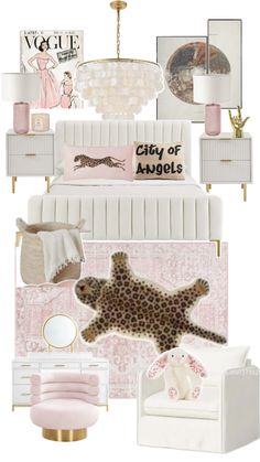 a collage of pink, white and gold bedroom decor with animal prints on the bed