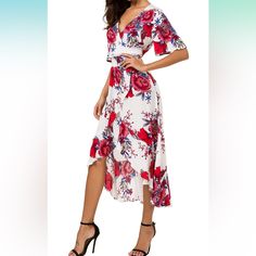 Short Sleeve Floral High Low V-Neck Flowy Party Long Maxi Dress Perfect For A Luau, Hawaiian Part, Vacation, Cruise Flowy V-neck Floral Dress For Party, White V-neck Short Sleeve Party Dress, Spring V-neck Floral Dress For Brunch, Spring Floral Print V-neck Dress For Date Night, Chic Flowy V-neck Floral Dress, Flowy Floral Print V-neck Dress For Party, Floral Print Maxi V-neck Party Dress, Spring Floral Print V-neck Dress For Party, White V-neck Maxi Dress For Summer