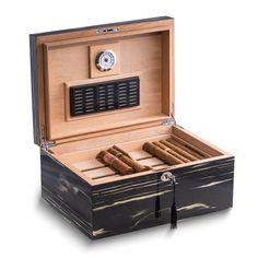 Lacquered Ebony Wood Finish 100-Cigar Humidor Removable Tray Spanish Cedar Lining Hygrometer Humidistat Best Humidor, Anniversary Ideas For Him, Wine Gift Baskets, Cigars And Whiskey, Humidor, Hygrometer, Ebony Wood, Key Lock, Perfect Gift For Him