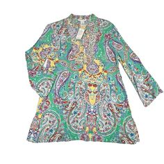 Peck & Peck Beaded V-Neck Tunic Top Blouse Paisley Print Small 100% Rayon Patterned V-neck Blouse For Vacation, Patterned V-neck Blouse For The Beach, Multicolor Split Neck Top For Spring, V-neck Patterned Blouse For Vacation, Multicolor Split Neck Top For Vacation, Multicolor Split Neck Blouse For Vacation, V-neck Stretch Blouse For Vacation, Stretch V-neck Blouse For Vacation, Patterned V-neck Beach Blouse