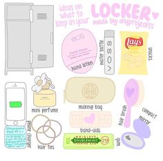 a bunch of things that are on top of a white paper sheet with the words locker