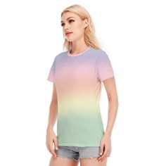 Ombre Top, Rainbow Tops, Ombre Tshirt, Rainbow T-shirt, Womens Tshirts, Unique Tshirt, Ombre T-shirt, Abstract Tshirt, Artistic Tshirt 100% cotton T-shirt A very unique ombre rainbow T-shirt I created. Great for every day way or a special occasion. Dress it up or down with a jacket. Anything goes! An artistic find! I hope you enjoy my design. Custom sewn and made to order. Designed in California, hand sewn and printed overseas. ● Fabric: 100% Cotton ● Regular fit ● O-neck, lightweight and breath Multicolor Short Sleeve T-shirt With Screen Print, Multicolor Rainbow Print T-shirt With Short Sleeves, Multicolor Graphic Tee T-shirt, Gradient Crew Neck Cotton Tops, Gradient Cotton Crew Neck T-shirt, Summer Rainbow Print Crew Neck T-shirt, Rainbow Print Cotton T-shirt With Short Sleeves, Summer Cotton Gradient Tops, Summer Rainbow Short Sleeve T-shirt