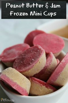 a white bowl filled with frozen mini pops next to a container of peanut butter and jam