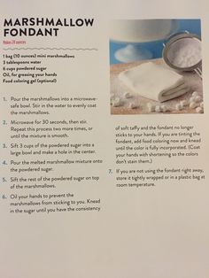 the instructions for marshmallow fondant are shown in this brochure page