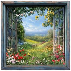 an open window with flowers on the outside