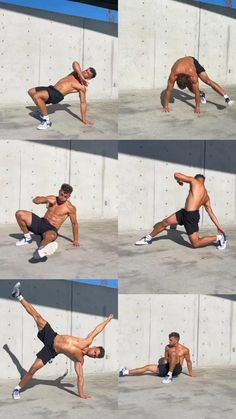 the man is doing some exercises on his stomach and back while standing in front of a wall