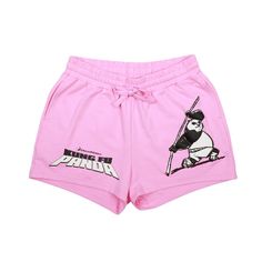 Embrace playful comfort with these pink Kung Fu Panda sweat shorts. Featuring a puff print of Po on one leg and black and white letters spelling out the movie's logo on the other, these shorts fuse whimsy with style. Crafted from 60% cotton and 40% poly French terry, they offer a perfect fit with a drawstring adjustable elastic waistband. Available in XS-XL, these officially licensed shorts are machine washable, ensuring effortless care. Immerse yourself in the world of Kung Fu Panda with this d Pink Letter Print Bottoms For Streetwear, Hip Hop Style Shorts With Relaxed Fit, Pink Sporty Bottoms With Graphic Print, Pink Graphic Print Shorts For Summer, Sporty Pink Graphic Print Bottoms, Hip Hop Spring Shorts, Sporty Pink Bottoms With Graphic Print, Athleisure Shorts With Letter Print For Leisure, Pink Sports Bottoms With Graphic Print