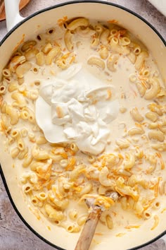 a skillet filled with macaroni and cheese