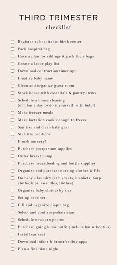 the third trimester checklist is shown in black and white, with text on it