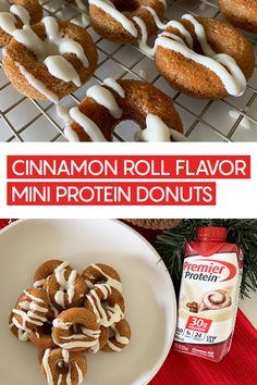 cinnamon roll flavored mini protein donuts on a cooling rack and in a bowl