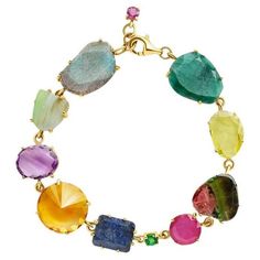 One-of-a-kind broken gems bracelet. Hand-made assembled on a 14-karat gold frame, this is a Unique Gems statement piece composed by a a selection of eleven gemstones: two treated rubies, a matrix emerald, a lemon quartz, a watermelon tourmaline, a chrome diopside, a blue sapphire, a citrine, one amethyst, one agate and a labradorite. Total Length: 20,5 cm / SUOT G585 engraving. Each gemstone has been hand-selected from our gem archives to celebrate its singularity, Unique Gems is a love letter to the perfectly imperfection of each broken gem. Ruby Bracelets, Gems Bracelet, A Love Letter, Fancy Jewelry, Lemon Quartz, Watermelon Tourmaline, Love Letter, Gold Frame, A A