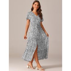 This dress will flatter any body shape, making it a timeless addition to any wardrobe. Casual v neck dress is perfect for casual, daily, vacation, beach, holiday, wedding, office, family gathering, etc. The casual floral maxi dress has a chic and understated design that makes it easy to accessorize with your favorite shoes. The casual maxi tiered dress is perfect for casual, daily, vacation, beach, holiday, wedding, office, family gatherings, etc. Fitted V-neck Vacation Dress, White Non-stretch Maxi Dress For Vacation, White Non-stretch Maxi Dress With V-neck, Flowy Midi Length V-neck Dress For Vacation, White Maxi V-neck Dress For Beach, V-neck Midi Dress For Vacation, White Maxi-length V-neck Beach Dress, Elegant V-neck Maxi Dress For Beach Season, Flowy Midi-length V-neck Dress For Vacation