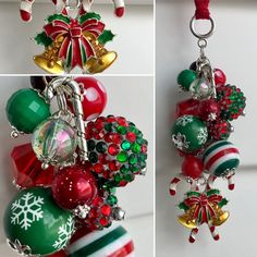 three pictures of christmas ornaments hanging from hooks