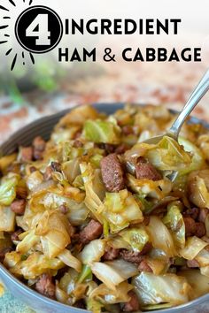 a close up of a bowl of food with a spoon in it and the words ingredient ham and cabbage