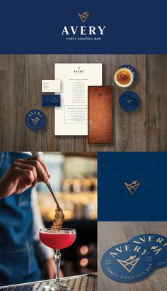 Cocktail bar logo design and photo of the menu, cocktail menu, business cards and coasters Copper Branding, Copper Colour Palette, Cocktail Bar Design, Restaurant Graphics, Brand System, Blue Menu, Navy And Copper, Stationery Business, Restaurant Branding Design