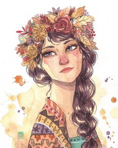 a drawing of a woman with flowers in her hair and an orange flower crown on her head