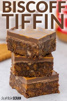 three pieces of biscoff tiffin stacked on top of each other with text overlay