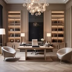 an office with two chairs and a desk in front of a bookcase filled with books