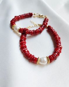 Aegean Coral: This beautiful bracelet is made from natural Red Coral and a Baroque Pearl and closed with a 24K gold plated brass clasp. This necklace is 17.5 cm in length plus 4 cm extension chain. The length can be adjusted as per your instruction. The price is for a single bracelet. Gold Red Coral Bracelets As Gift, Gold Red Coral Bracelets For Gifts, Gold Bracelets With Red Coral As Gift, Gold Red Coral Bracelet As A Gift, Gold Red Coral Bracelet For Gift, Elegant Red Coral Beaded Bracelets For Gift, Elegant Red Coral Beaded Bracelet Gift, Handmade Elegant Red Coral Bracelets, Elegant Red Coral Beaded Bracelets With Adjustable Fit