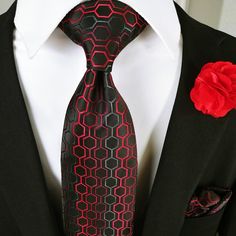 🐣. Offer Xtras! Black Dimgray Red Geometric Tie Set Pocket Square & Cufflinks for $25.00 #jwmexico #jwpreaching #jwbrasil #jwhappy #jwbrothers #jwgirl #jwworld #jwwitnesses #jwboy #jw Make A Tie, Suits Men Business, Dapper Style, Formal Dinner, Cool Ties, Custom Ties, Latest Mens Fashion