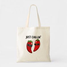 Just Chillin Cute Red Hot Chilli Peppers Pun Tote Bag Plants Business, Eco Bag Design, Red Hot Chilli Peppers, Painted Canvas Bags, Handpainted Tote Bags, Fondant Flower Tutorial, Chilli Peppers, Funny Tote Bags, Merch Ideas