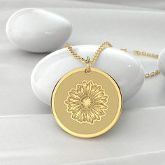 Pendant Material: 14k Solid Gold/Gold plated Pendant Dimension:  Width: 19mm, Height: 19mm, Thickness: 0.6mm ( In the photos Pendant size is 19mm Width and 19mm Height ) Chain Material: 14k Solid Gold/Gold plated Chain Size (Available in 4 sizes): ✔ 14" Collar - Tightly around the neck ✔ 16" Choker - Sit at the base of the neck ✔ 18" Princess - On the collarbone (the most common necklace length for the average women) ✔ 20" Matinee - Between the collarbone and the bust Why Choose Us? ✔ FREE DHL E Gold Engraved Flower Jewelry, Engraved Gold Flower Jewelry, Gold Flower Necklace For Anniversary, Gold Sterling Silver Flower Necklace For Mom, Gold Flower Necklace Gift For Her, Gold Flower Necklace For Her, Gold Round Flower Necklace For Gift, Gold Flower Necklace For Her Birthday, Personalized Gold Flower Necklace As Gift For Her