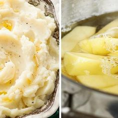 potatoes and mashed potatoes in a pot with seasoning next to an image of mashed potatoes