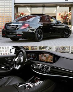 the inside and outside view of a black mercedes s - class car, which is parked in front of a building