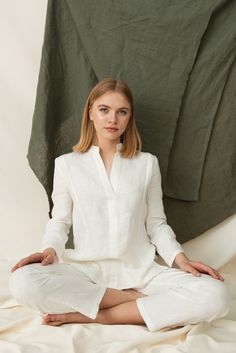 "🌿 DETAILS 🌿 ✳ Relaxed shape ✳ Splits on the sides of the shirt ✳ V-neck shirt ✳ Long sleeves ✳ No button shirt 🌿 DESCRIPTION 🌿 There isn't any formal definition to what constitutes meditation clothes. As long as they are high quality, comfortable, and thus won't distract you from your meditation.  This tunic is definitely a great choice for your next meditation session. As it's made from quality linen, it feels breathable, soft and lightweight. For some people, the use of natural materials also shows a symbolic connection with the earth. Being comfortable and relaxed is a big part of meditation. No matter where you choose to practice meditation, your own home, retreat camp or holy places, this piece will suit you everywhere.  🔸Please note that due to the many variations in monitors a Meditation Clothes, Home Retreat, Meditation Outfit, Spiritual Clothing, Linen Suit, Blouse For Women, Linen Tunic, Body Warmer, Linen Blouse