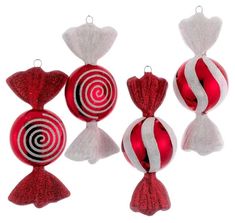 Ornaments shaped like red and white wrapped candies. Bee Cookies, Christmas Ornament Storage, Red And White Christmas, Candy Ornaments, Candy Cane Ornament, Candy Decorations, White Candy, Kurt Adler, Idul Fitri