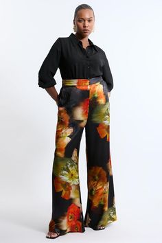 Plus Size Floral Satin Woven Trouser Elegant Silk Pants With Floral Print, Elegant Multicolor Pants For Workwear, Elegant Multicolor Pants For Work, Elegant Multicolor Silk Bottoms, Elegant Multicolor Floral Print Bottoms, Petite Wedding Guest Dresses, Plus Size Workwear, Summer Wedding Guests, Outfits Petite