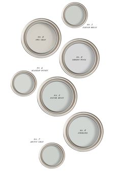 four different paint colors with the names on them in white and gray, one is light blue