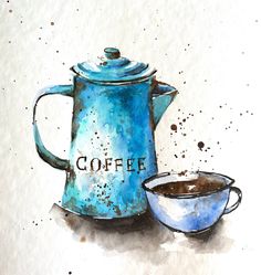 a painting of a blue coffee pot next to a bowl