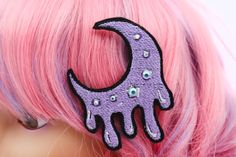 "You want to add a spooky yet kawaii touch to your fall outfits?  Then my New Pastel Goth Kawaii Dripping Moon hair clip is a must have!   Use these accessories for an instant update on just about any hair style! ♥ Measures approx. 2.5\" across x 2.5\" high ♥ Designed by & exclusive to Kawaii Hair Candy ♥ Made in the USA ♥ Intended for use by adults only We hope you wear these with every piece of clothing you own!" Yarn Faux Locs, Dripping Moon, Faux Locs Bob, Goth Ideas, Moon Hair Clip, Perky Goth, Rose Cosplay, Creepy Kawaii, Curly Faux Locs