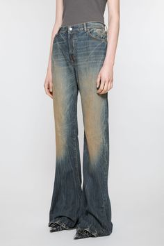 2024 jeans are cut to a regular fit with a high waist, bootcut leg and long length. Made of non stretch denim in a dark blue wash. Acne Studios 2024F FN Matrix Dark Wash Rigid Denim Flare Jeans, Dark Wash Flare Jeans In Rigid Denim, Dark Wash Flare Jeans With Rigid Denim, Faded Flare Jeans With Five Pockets, Denim Blue Full Length Flare Jeans With Five Pockets, Suit Jacket Dress, Denim Inspiration, Regular Fit Jeans, Denim T Shirt