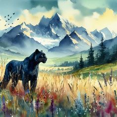 a painting of a black bear standing in a field with mountains in the back ground