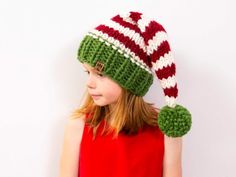 Our chunky Christmas elf stocking cap hat knitting pattern makes the perfect family Christmas photography prop or winter hat for your little one. This pattern is a twist on our original Christmas cap.... Crochet Elf Hat, Christmas Cap, Elf Stocking, Christmas Hats, Hat Knitting Pattern, Lion Brand Wool Ease, Stocking Cap, Hat Knitting, Elf Hat