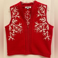 - 100% Boiled Wool - 3/4 Zip - V-Neck - Embroidered, Metallic Thread - Length: 22” - Pit To Pit: 20.5” - Dry Clean Only Christmas Vests For Women, Holiday Vest, Christmas Vest, Vests For Women, Boiled Wool, Coldwater Creek, Metallic Thread, Red White, Red And White