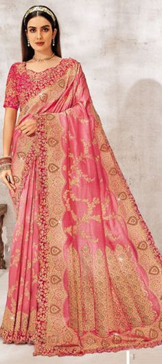 Pink and Majenta color Saree in Silk fabric with Embroidered, Resham, Sequence, Thread, Zari work Anarkali Saree With Intricate Embroidery For Ceremony, Ceremonial Traditional Wear Saree With Dupatta, Ceremonial Embroidered Fabric With Traditional Dupatta, Traditional Saree With Dupatta For Ceremony, Ceremonial Saree With Intricate Embroidery, Bollywood Style Saree With Intricate Embroidery For Ceremony, Festive Saree With Intricate Embroidery For Ceremony, Unstitched Embroidered Traditional Wear For Ceremony, Semi-stitched Saree With Zari Work For Ceremony