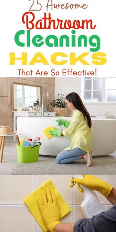 a woman is cleaning the floor in her bathroom with yellow gloves and green buckets